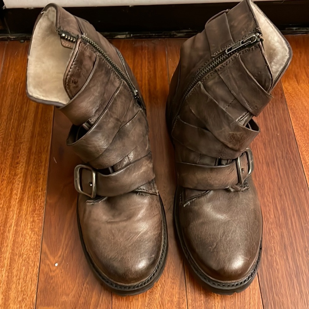 Frye brown buckle shearling booties